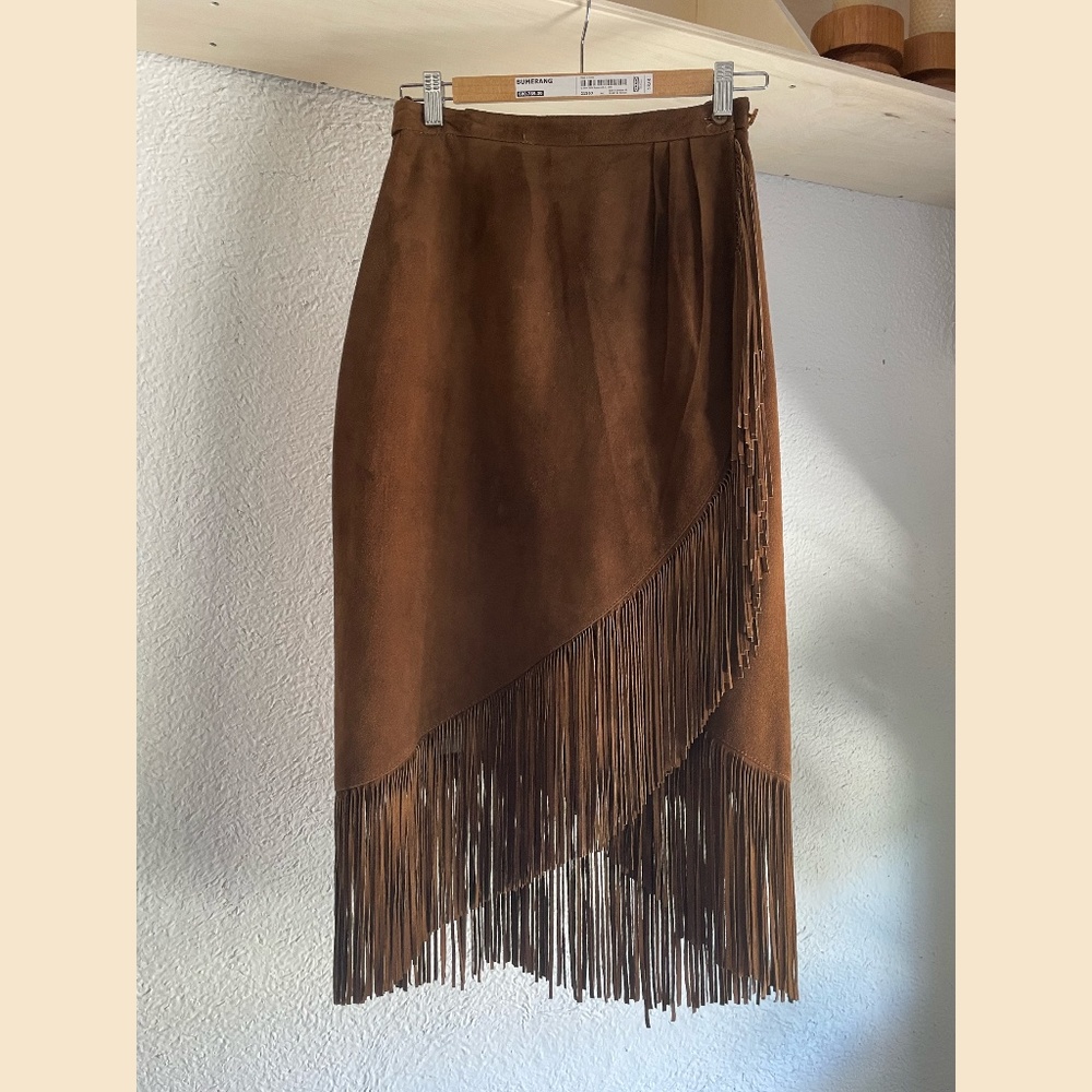 VINTAGE fringe suede midi skirt